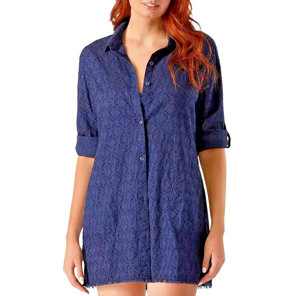 Tommy Bahama Boyfriend Shirt Swim Cover Up XL MARE NAVY BLUE Cotton Jacquard NWT